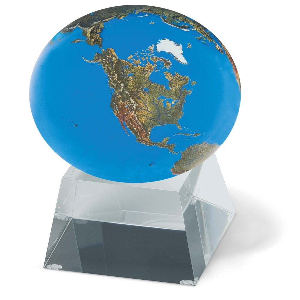 3 Aqua Crystal Natural Earth Globe - On Spinning Tapered Glass Base