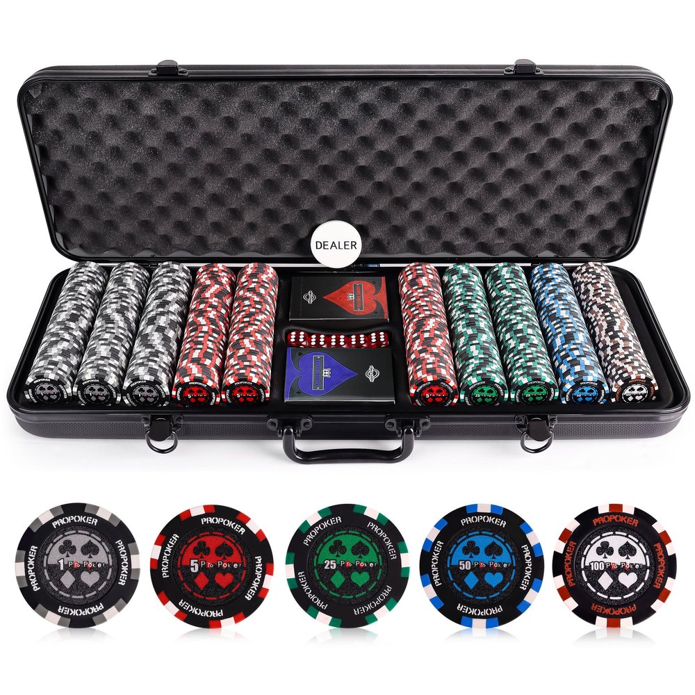 Versa Games Pro Poker Chips, Poker Set - 13.5g 500 Piece Casino Clay Poker Chips with Denomination Numbers for Texas Holdem - New Upgraded Poker Chip Case