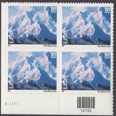 2001 MOUNT MCKINLEY ~ DENALI NATIONAL PARK ~ MOUNTAINS #C137 Airmail Plate Block of 4 x 80 cents US Postage Stamps