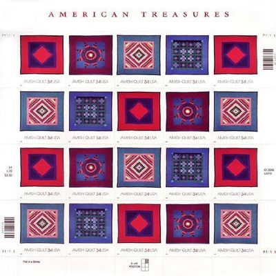 American Treasures Amish Quilts, Full Sheet of 20 X 34-Cent Postage Stamps, USA 2001, Scott 3524-27