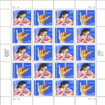 1993 American Sign Language #2784a Pane of 20 x 29 Cents US Postage Stamps