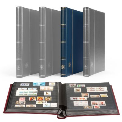 LIGHTHOUSE PREMIUM Bonded Leather Cover Stockbook for Stamps - 32 Black Cardstock A4 Pages with Clear Strips and Double Linen Hinges - Blue