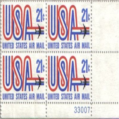 1971 "USA" & JET Airmail #C81 Plate Block of 4 x 21c US Postage Stamps