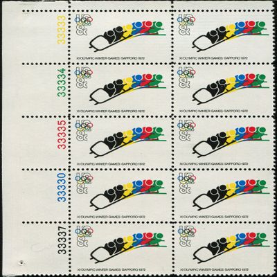 1972 WINTER OLYMPICS ~ BOBSLEDDING ~ SAPPORO JAPAN #1461 Plate Block of 10 x 8 US Postage Stamps