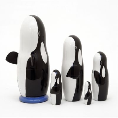 Golden Cockerel Orca Whale Russian Nesting Doll 5pc./6" Whale Pod Matryoshka Wood Stacking Toy