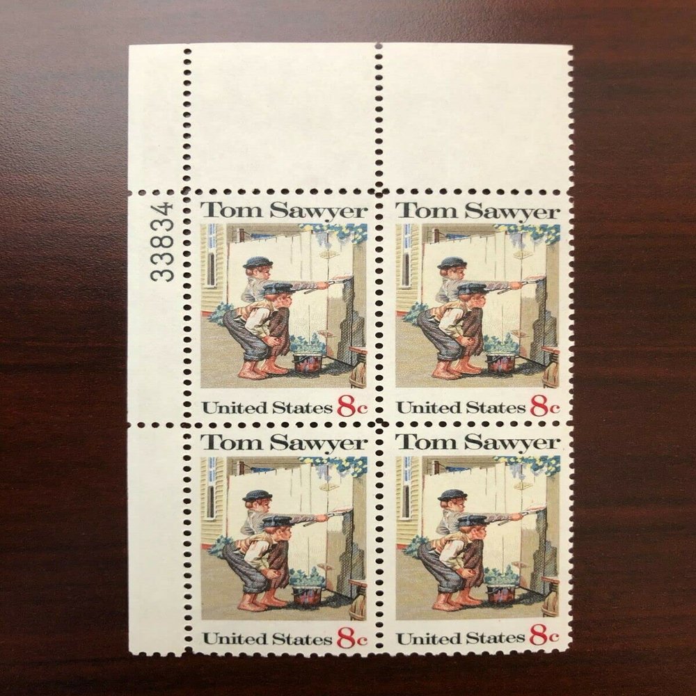 TOM SAWYER ~ WHITEWASHING THE FENCE ~ MARK TWAIN #1470 Plate Block of 4 x 8 cents US Postage Stamps