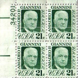 AMADEO P GIANNINI ~ BANKER ~ BANK OF AMERICA #1400 Plate Block of 4 x 21 US Postage Stamps