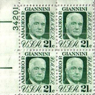 AMADEO P GIANNINI ~ BANKER ~ BANK OF AMERICA #1400 Plate Block of 4 x 21 US Postage Stamps