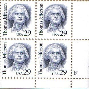 1993 THOMAS JEFFERSON #2185 Plate Block of 4 x 29 cents US Postage Stamps
