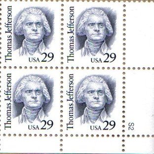 1993 THOMAS JEFFERSON #2185 Plate Block of 4 x 29 cents US Postage Stamps