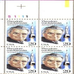1992 THEODORE VON KARMAN ~ AEROSPACE ENGINEER & PHYSICIST ~ SUPERSONIC ~ HYPERSONIC ~ FLUID FLOW #2699 Plate Block of 4 x 29 cents US Postage Stamps