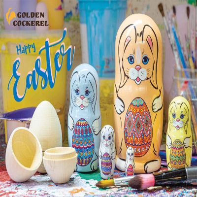 Golden Cockerel Made in Russia Easter Bunnies with Eggs Nesting Doll 5pc./5" aka Ukrainian Pisanke Easter Egg Rabbit Collectible Babushka Russian Doll 100% Guaranteed!