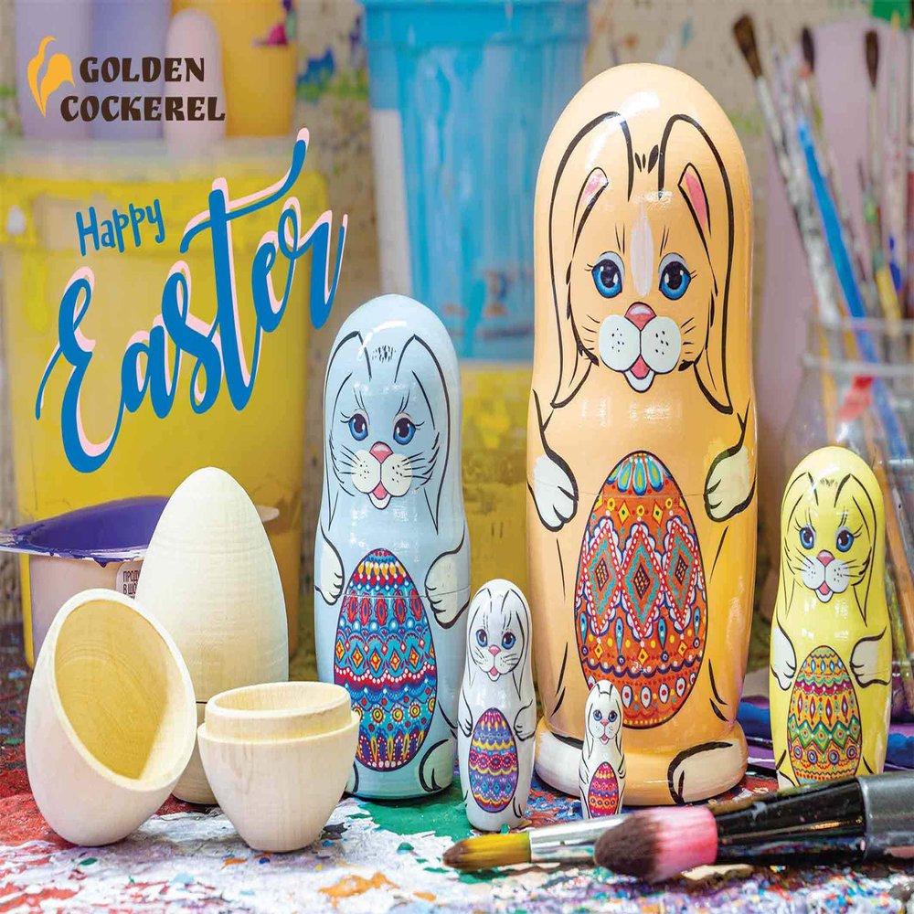 Golden Cockerel Made in Russia Easter Bunnies with Eggs Nesting Doll 5pc./5" aka Ukrainian Pisanke Easter Egg Rabbit Collectible Babushka Russian Doll 100% Guaranteed!