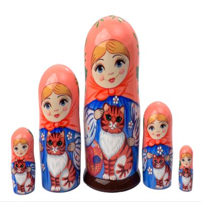 Golden Cockerel Made in Russia Authentic Russian Nesting Matryoshka Maiden w/Cat Nesting Doll 5pc./5" aka Tabby Cat Babushka Doll