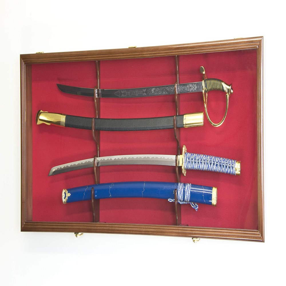 2 Sword Display Case Cabinet Stand Holder Wall Rack Box - Lockable w/ 98% UV Protection -Walnut