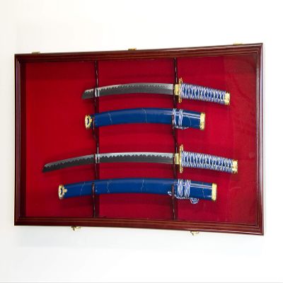 2 Sword Display Case Cabinet Stand Holder Wall Rack Box - Lockable w/ 98% UV Protection -Cherry