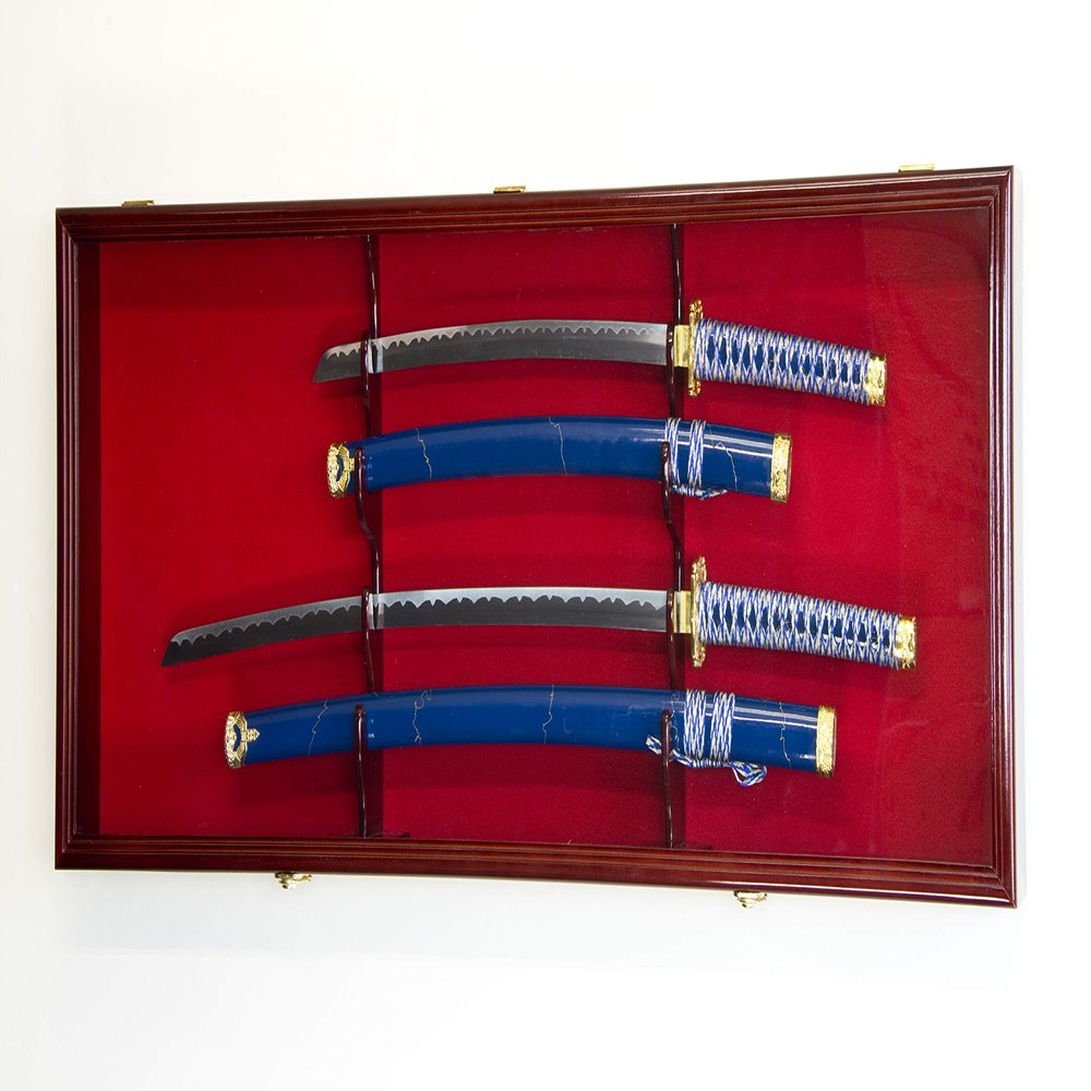 2 Sword Display Case Cabinet Stand Holder Wall Rack Box - Lockable w/ 98% UV Protection -Cherry