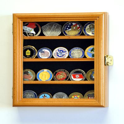 XS Military Challenge Coin Display Case Cabinet Holder Rack Box w/UV Protection -Oak Finish