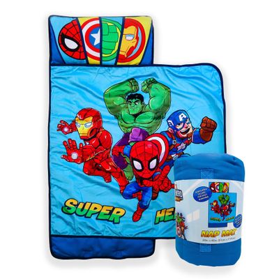 Jay Franco Kids Nap Mat with Embedded Pillow & Blanket  Soft 46"x20"Microfiber Sleeping Bag with Name Tag & Handle Blue - Avengers