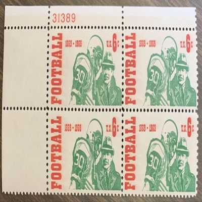 #1382 - 1969 6c Intercollegiate Football Plate Block Postage Stamps (4)