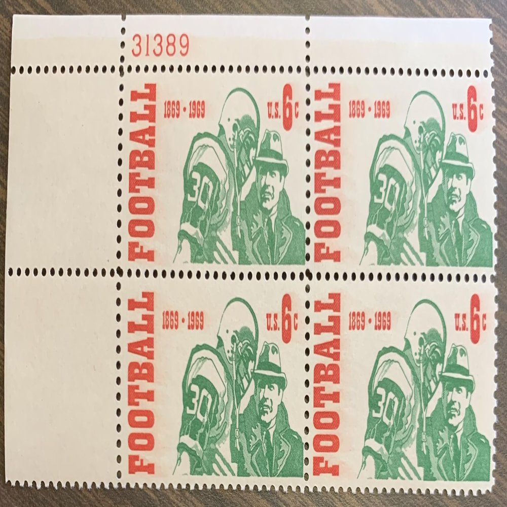 #1382 - 1969 6c Intercollegiate Football Plate Block Postage Stamps (4)