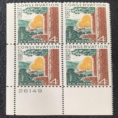 #1122 - 1958 4c Forest Conservation Postage Stamp Numbered Plate Block (4)