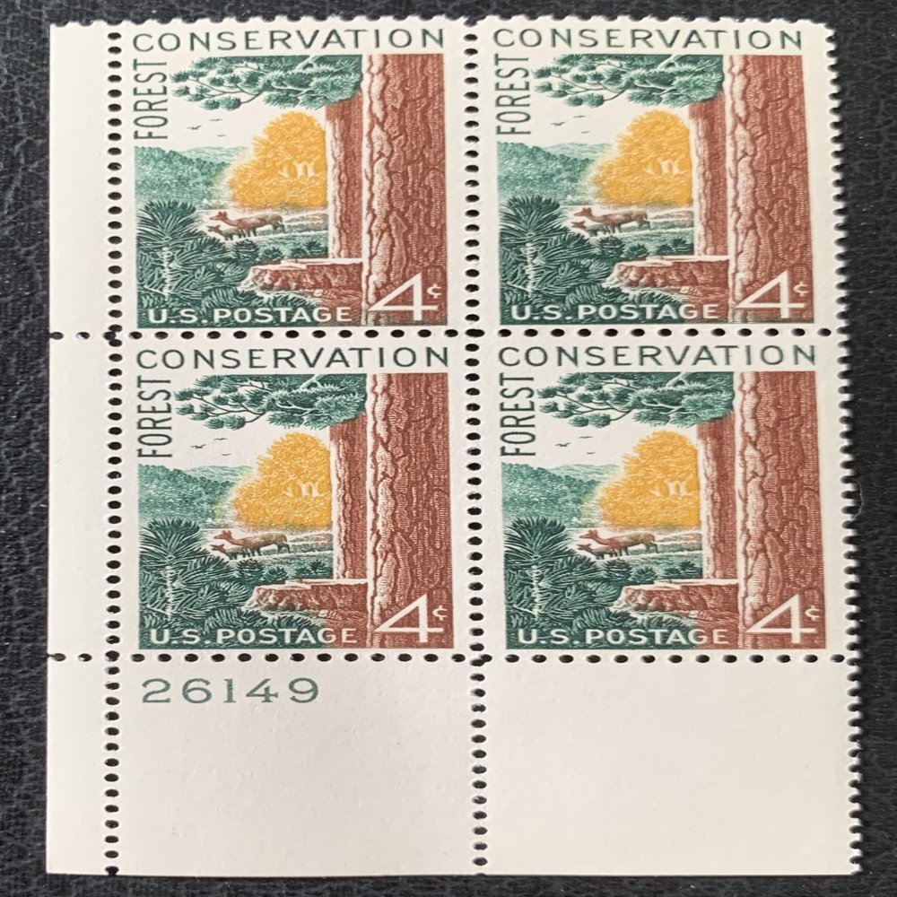 #1122 - 1958 4c Forest Conservation Postage Stamp Numbered Plate Block (4)