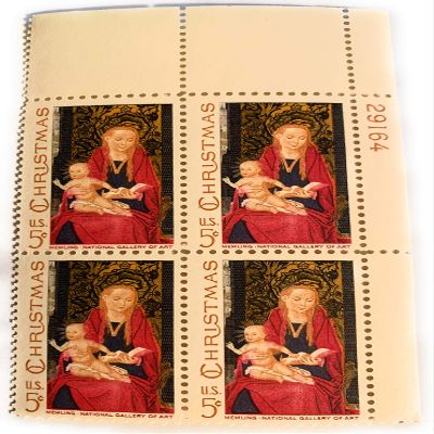 #1336 - 1967 5c Christmas Madonna and Child Postage Stamp Numbered Plate Block (4)