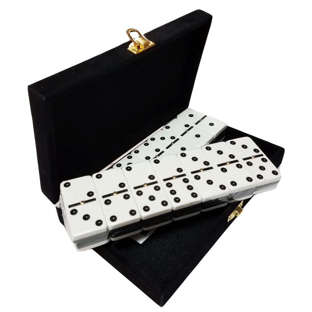 Marion Domino Double 6 Black & White Two Tone Jumbo Tournament Professional Size with Spinners in Elegant Black Velvet Case.