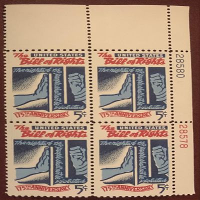 #1312 - 1966 5c Bill of Rights Postage Stamp Numbered Plate Block (4)