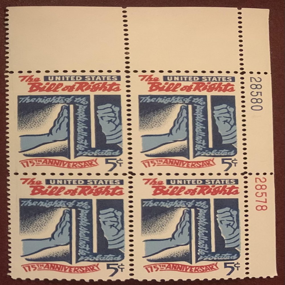 #1312 - 1966 5c Bill of Rights Postage Stamp Numbered Plate Block (4)
