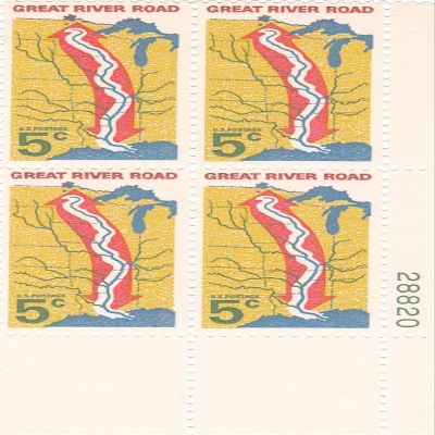 #1319 - 1966 5c Great River Road U. S. Postage Stamp Plate Block (4)