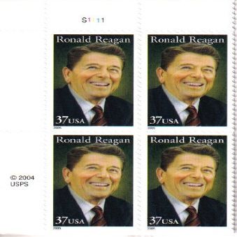 2005 RONALD REAGAN #3897 Plate Block of 4 x 37 cents US Postage Stamps