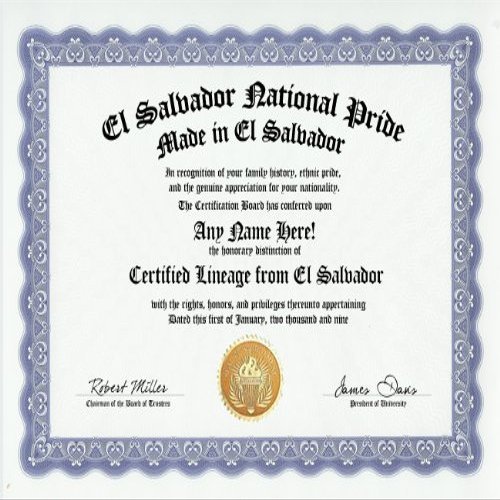 El Salvador Salvadoran National Pride Certification: Custom Gag Nationality Family History Genealogy Certificate (Funny Customized Joke Gift - Novelty Item)