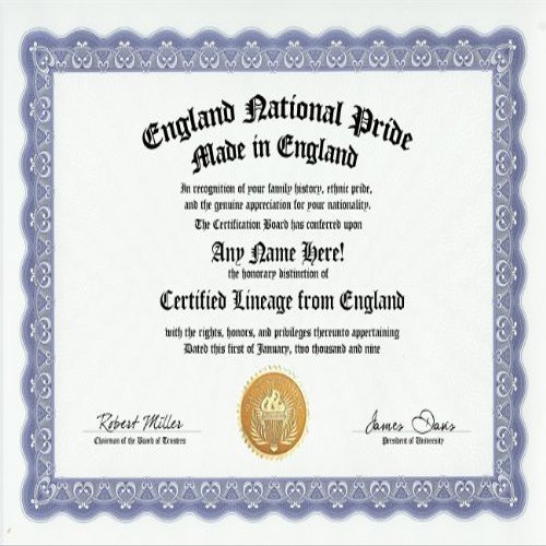 England English National Pride Certification: Custom Gag Nationality Family History Genealogy Certificate (Funny Customized Joke Gift - Novelty Item)