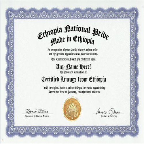 Ethiopia Ethiopian National Pride Certification: Custom Gag Nationality Family History Genealogy Certificate (Funny Customized Joke Gift - Novelty Item)