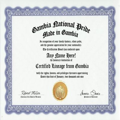 The Gambia Gambian National Pride Certification: Custom Gag Nationality Family History Genealogy Certificate (Funny Customized Joke Gift - Novelty Item)