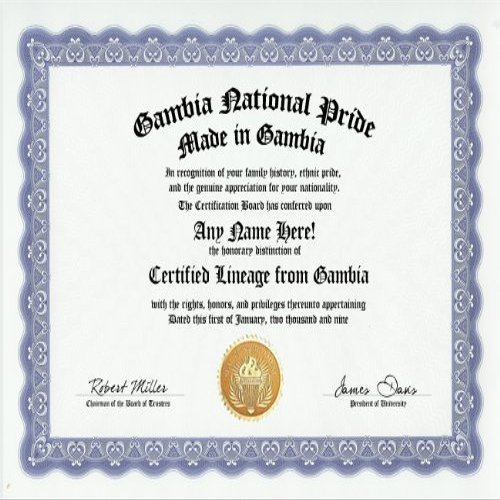 The Gambia Gambian National Pride Certification: Custom Gag Nationality Family History Genealogy Certificate (Funny Customized Joke Gift - Novelty Item)