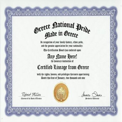 Greece Greek National Pride Certification: Custom Gag Nationality Family History Genealogy Certificate (Funny Customized Joke Gift - Novelty Item)