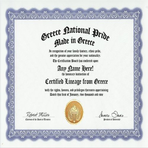 Greece Greek National Pride Certification: Custom Gag Nationality Family History Genealogy Certificate (Funny Customized Joke Gift - Novelty Item)