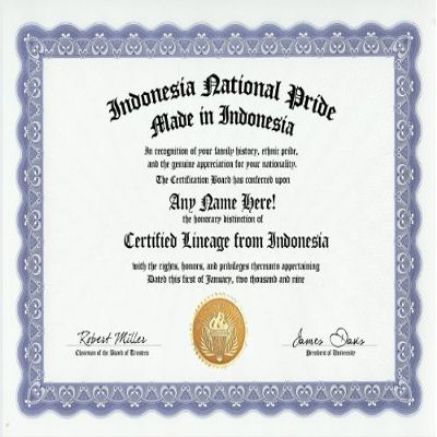 Indonesia Indonesian National Pride Certification: Custom Gag Nationality Family History Genealogy Certificate (Funny Customized Joke Gift - Novelty Item)