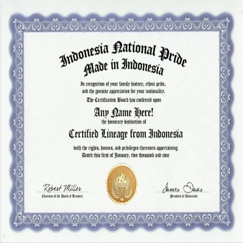 Indonesia Indonesian National Pride Certification: Custom Gag Nationality Family History Genealogy Certificate (Funny Customized Joke Gift - Novelty Item)