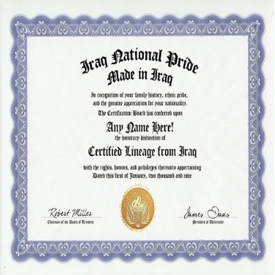 Iraq Iraqi National Pride Certification: Custom Gag Nationality Family History Genealogy Certificate (Funny Customized Joke Gift - Novelty Item)