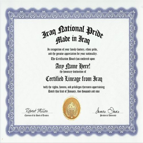 Iraq Iraqi National Pride Certification: Custom Gag Nationality Family History Genealogy Certificate (Funny Customized Joke Gift - Novelty Item)