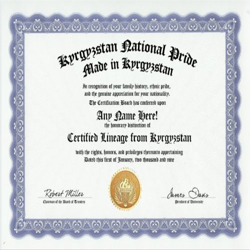 Kyrgyzstan National Pride Certification: Custom Gag Nationality Family History Genealogy Certificate (Funny Customized Joke Gift - Novelty Item)