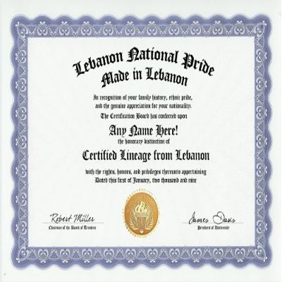 Lebanon Lebanese National Pride Certification: Custom Gag Nationality Family History Genealogy Certificate (Funny Customized Joke Gift - Novelty Item)