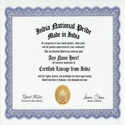 India Indian National Pride Certification: Custom Gag Nationality Family History Genealogy Certificate (Funny Customized Joke Gift - Novelty Item)