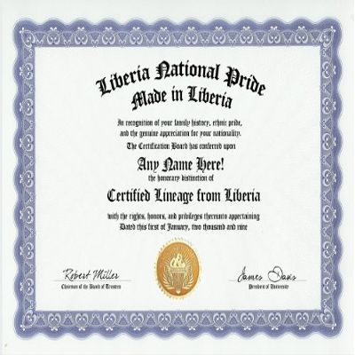 Liberia Liberian National Pride Certification: Custom Gag Nationality Family History Genealogy Certificate (Funny Customized Joke Gift - Novelty Item)