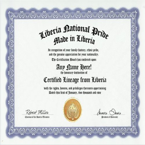 Liberia Liberian National Pride Certification: Custom Gag Nationality Family History Genealogy Certificate (Funny Customized Joke Gift - Novelty Item)