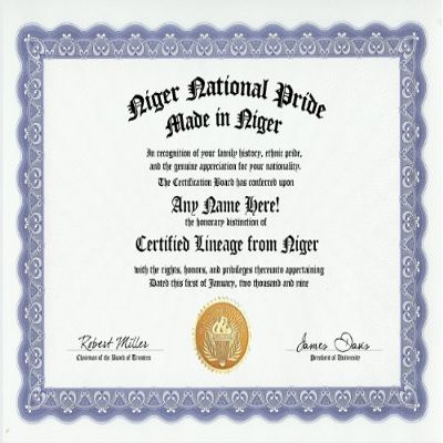 Niger Nigerien National Pride Certification: Custom Gag Nationality Family History Genealogy Certificate (Funny Customized Joke Gift - Novelty Item)